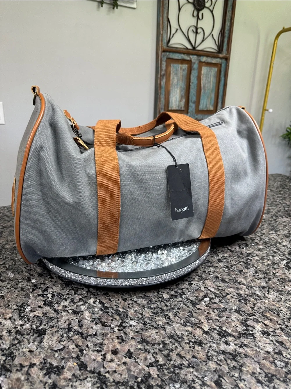 Bugatti Gray heavy canvas Duffel Bag with Tan Straps and shoulder strap NEW